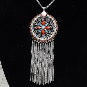 Colorful Round Medallion Pendant with Tassels on Long Silver Tone Chain Necklace